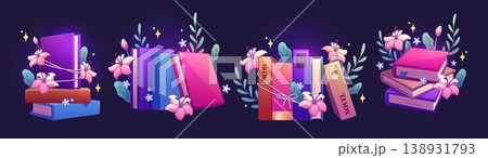 Book stack with flowers cartoon vector illustration Book stack with flowers cartoon vector illustration 138931793