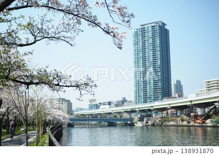 桜咲く大川の川辺と都会のビル 桜咲く大川の川辺と都会のビル 138931870