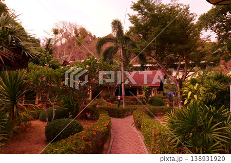 Tropical houses landscape on Phi Phi Island, Thailand coastal village scenery Tropical houses landscape on Phi Phi Island, Thailand coastal village scenery 138931920