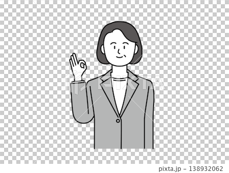 一幅插圖，描繪了一位身穿西裝的中年女性面帶微笑地比出「OK」手勢。 138932062