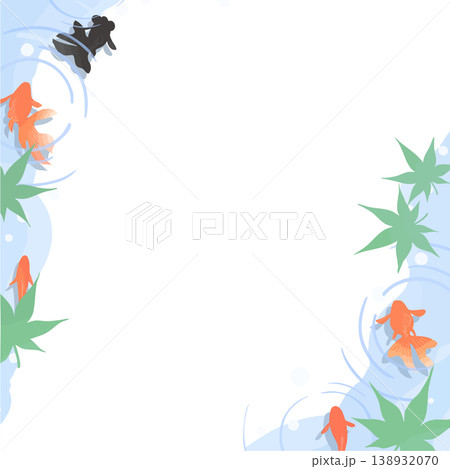 金魚のフレーム（青紅葉・波紋・影・正方形・背景透過）上から見た初夏の和風ベクター素材 138932070