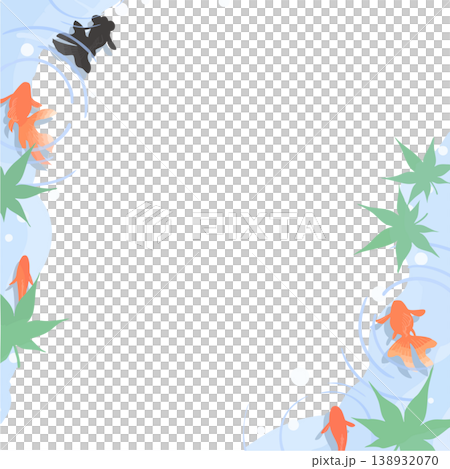 金魚邊框（藍色楓葉、漣漪、陰影、方形、透明背景） - 日式風格向量素材，適合初夏，俯視視角。 138932070