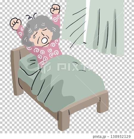 おばあさんが朝の光をあびて目が覚めてベッドから上半身を起こし、伸びとあくびをしている2 138932129
