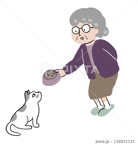 おばあさんがねこに餌をあげている2 おばあさんがねこに餌をあげている2 138932132