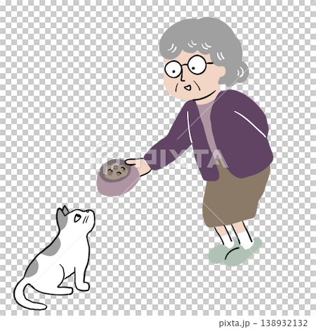 おばあさんがねこに餌をあげている2 おばあさんがねこに餌をあげている2 138932132