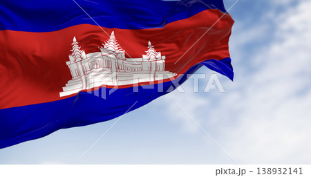 Cambodia national flag waving. Three bands, blue, double red, blue, with Angkor Wat in white centered on the red. 3d illustration render. Fluttering fabric. Selective focus 138932141
