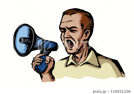 Vector Illustration. Man Shouting Into Megaphone Vector Illustration. Man Shouting Into Megaphone 138932206