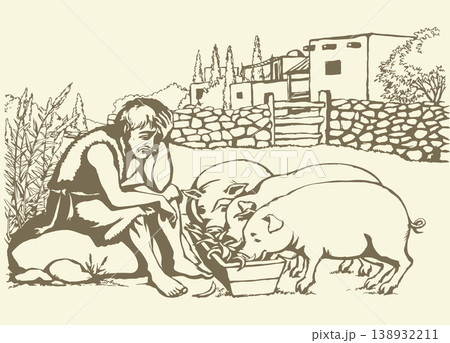 Vector drawing. A sad man and pigs Vector drawing. A sad man and pigs 138932211