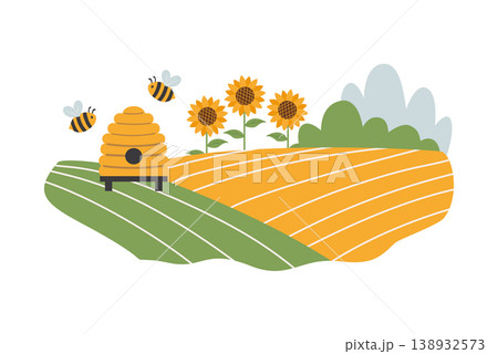 Beehive in a sunflower field with flying bees, rural landscape with apiary and farm garden, organic honey production vector illustration Beehive in a sunflower field with flying bees, rural landscape with apiary and farm garden, organic honey production vector illustration 138932573