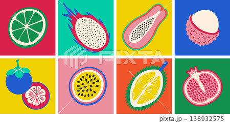 Colorful flat vector set of exotic tropical fruits background. Minimalist icons of dragon fruit, papaya, durian, and mangosteen for healthy food design and summer patterns. Colorful flat vector set of exotic tropical fruits background. Minimalist icons of dragon fruit, papaya, durian, and mangosteen for healthy food design and summer patterns. 138932575