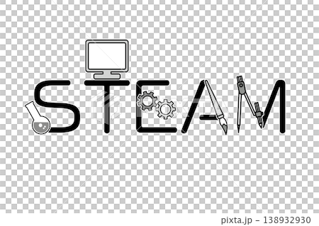 A combination of the word STEAM and a simple monochrome illustration representing it. A combination of the word STEAM and a simple monochrome illustration representing it. 138932930