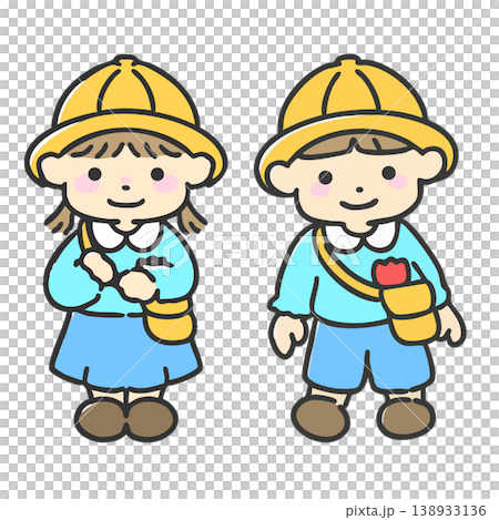 一幅插圖，畫中是一個男孩和一個女孩，都是幼兒園小朋友，穿著淺藍色罩衫。 138933136