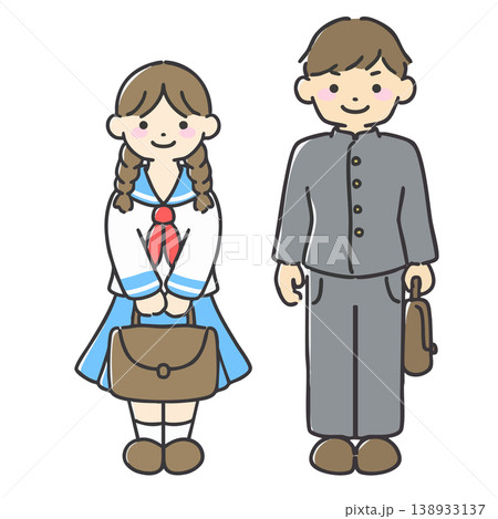 制服を着た学生の男女のイラスト|中学生、高校生、カップル 制服を着た学生の男女のイラスト|中学生、高校生、カップル 138933137