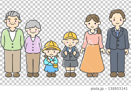 一幅描繪三代同堂家庭的簡單平面插圖 | 父母與孩子溫馨的日常場景。 138933141