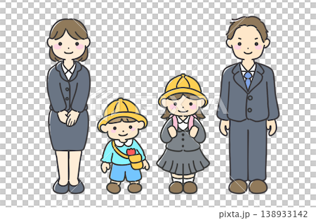 共働き家庭のイラスト|スーツを着た男女と子供たちのイラスト 138933142