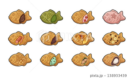 Taiyaki japanese fish-shaped cake vector set with various fillings 138933439