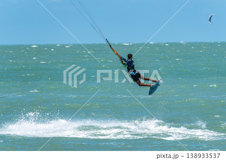 Barra Grande, Brazil - Jan 22, 2026: Kite surfing at Barra Grande beach on the coast of Piaui, northeastern Brazil. 138933537