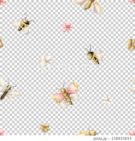 Cute insects And Flowers Seamless Pattern. Butterfly Bee Dragonfly Moth Watercolor illustration hand painted isolated on white background for nursery baby kids design spring summer fabrics textile Cute insects And Flowers Seamless Pattern. Butterfly Bee Dragonfly Moth Watercolor illustration hand painted isolated on white background for nursery baby kids design spring summer fabrics textile 138933655