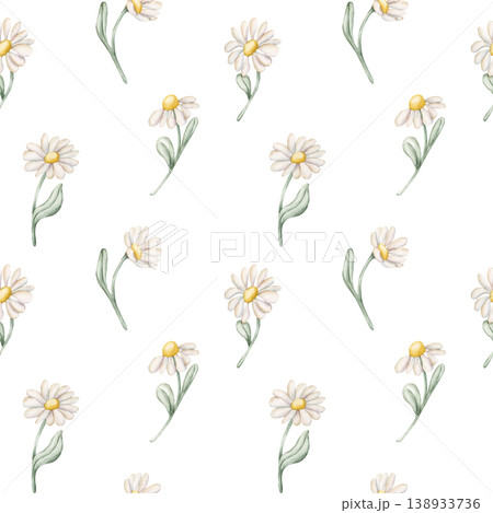 Cute Daisy Chamomile Flowers Seamless Pattern. Wildflowers Watercolor summer spring floral illustration hand painted isolated on white background for nursery baby kids design fresh fabrics textile Cute Daisy Chamomile Flowers Seamless Pattern. Wildflowers Watercolor summer spring floral illustration hand painted isolated on white background for nursery baby kids design fresh fabrics textile 138933736