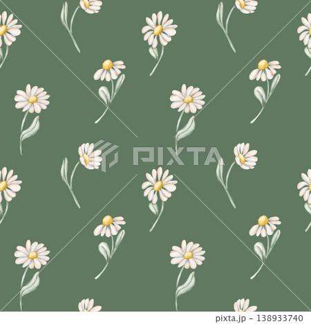 Cute Daisy Chamomile Flowers Seamless Pattern. Wildflowers Watercolor summer spring floral illustration hand painted isolated on green background for nursery baby kids design fresh fabrics textile Cute Daisy Chamomile Flowers Seamless Pattern. Wildflowers Watercolor summer spring floral illustration hand painted isolated on green background for nursery baby kids design fresh fabrics textile 138933740