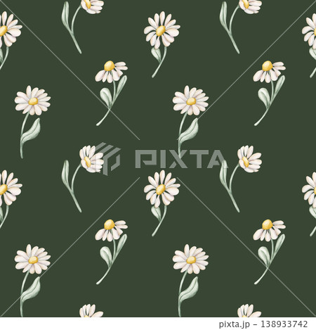 Cute Daisy Chamomile Flowers Seamless Pattern. Wildflowers Watercolor summer spring floral illustration hand painted isolated on dark green background for nursery baby kids design fresh fabric textile 138933742