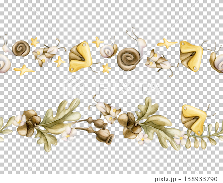 Acorn Oak leaves Poppy Boxes Insects Seamless Borders Set. Cute Watercolor summer floral forest illustration hand painted isolated on white background for nursery baby kids design fresh prints textile Acorn Oak leaves Poppy Boxes Insects Seamless Borders Set. Cute Watercolor summer floral forest illustration hand painted isolated on white background for nursery baby kids design fresh prints textile 138933790