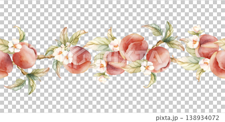 Pink Peaches with Flowers Seamless Border Summer Juicy Ripe Fruits. Watercolor hand drawn floral food illustration isolated on white background for home kitchen textile fresh print cosmetic package Pink Peaches with Flowers Seamless Border Summer Juicy Ripe Fruits. Watercolor hand drawn floral food illustration isolated on white background for home kitchen textile fresh print cosmetic package 138934072