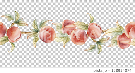 Pink Peaches Seamless Border Summer Juicy Ripe Fruits. Watercolor hand drawn floral food illustration isolated on white background for home kitchen textile fresh print card cosmetic package crockery 138934074
