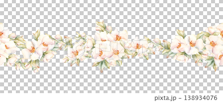Little White Flowers Seamless Border Peach Apple Blossom Blooming. Watercolor hand drawn floral illustration isolated on white background home textile fresh fabric cosmetic package porcelain crockery Little White Flowers Seamless Border Peach Apple Blossom Blooming. Watercolor hand drawn floral illustration isolated on white background home textile fresh fabric cosmetic package porcelain crockery 138934076