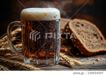 Traditional Cold Kvass in a Glass Mug with Rye Bread and Barley Ears on a Wooden Background 138934097
