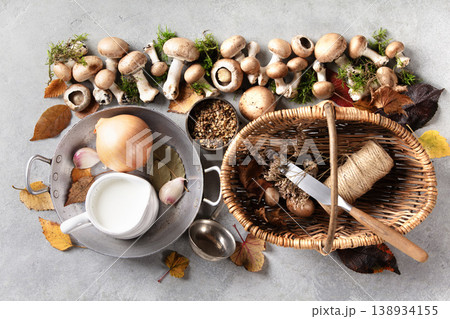 Autumn Cooking Ingredients with Mushrooms, Basket, and Spices 138934155