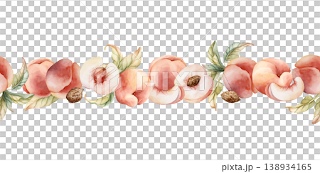 Pink Peaches Seamless Border Summer Juicy Ripe Fruits. Watercolor hand drawn floral food illustration isolated on white background for home kitchen textile fresh print card cosmetic package crockery Pink Peaches Seamless Border Summer Juicy Ripe Fruits. Watercolor hand drawn floral food illustration isolated on white background for home kitchen textile fresh print card cosmetic package crockery 138934165