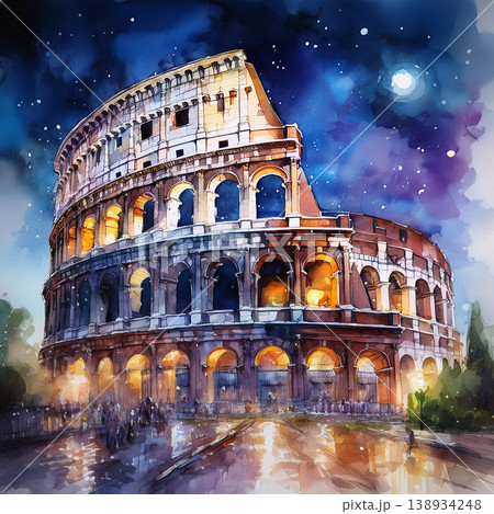 Colosseum glowing under starry rome historical night Colosseum glowing under starry rome historical night 138934248