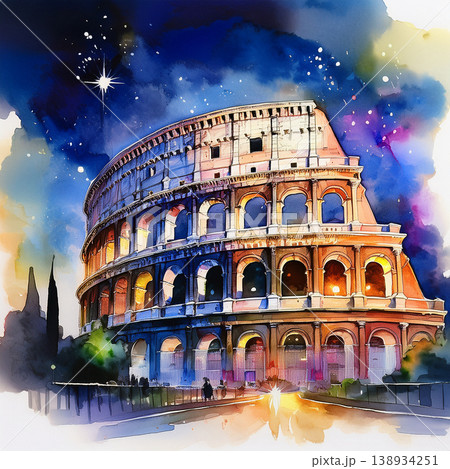 Colosseum historic landmark under starry night watercolor Colosseum historic landmark under starry night watercolor 138934251