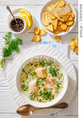 swedish laxsoppa creamy salmon soup in a bowl swedish laxsoppa creamy salmon soup in a bowl 138934366