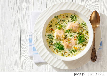 swedish laxsoppa creamy salmon soup in a bowl 138934367