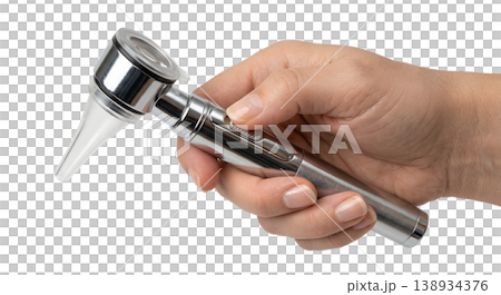 Hand holding a diagnostic otoscope with a disposable speculum and battery handle, isolated on transparent background, representing ear examination and ENT practice Hand holding a diagnostic otoscope with a disposable speculum and battery handle, isolated on transparent background, representing ear examination and ENT practice 138934376