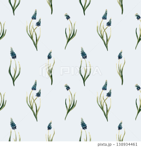 Blue Muscari Seamless Pattern Spring Bulb Flowers. Watercolor hand drawn floral illustration isolated on light blue background Easter Woman's day design textile fresh print cosmetic package crockery 138934461