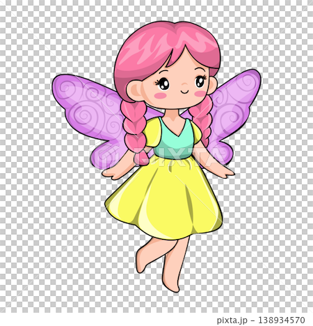 A cute cartoon fairy with pink braided hair and butterfly wings stands gracefully against a light pink backdrop 138934570