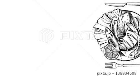 Sardine dish layout with copy space in minimalist vector line art. Right side plate composition for seafood restaurant website header, organic fish menu cover and healthy food branding graphics Sardine dish layout with copy space in minimalist vector line art. Right side plate composition for seafood restaurant website header, organic fish menu cover and healthy food branding graphics 138934609
