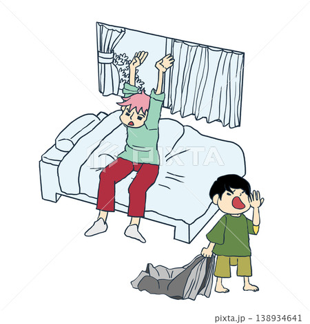 二人の兄弟が子供部屋で朝を迎えて起床するシーンのイラスト素材 二人の兄弟が子供部屋で朝を迎えて起床するシーンのイラスト素材 138934641
