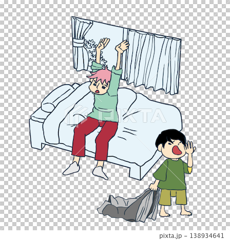 二人の兄弟が子供部屋で朝を迎えて起床するシーンのイラスト素材 二人の兄弟が子供部屋で朝を迎えて起床するシーンのイラスト素材 138934641