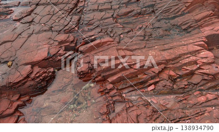 Layered deep red sedimentary rock formations with fractures and water pools in the seaside which is a remote coastal spots in Hung Shek Mun (Red Stone Gate), Plover Cove Country Park, Hong Kong 138934790
