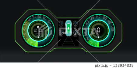Futuristic digital car dashboard with glowing green interface for electric vehicle 138934839