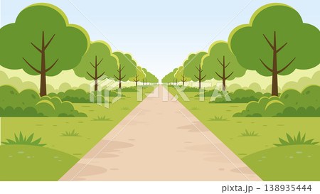 Symmetric park landscape with straight dirt road and rows of trees in flat vector style. Symmetric park landscape with straight dirt road and rows of trees in flat vector style. 138935444