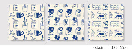 Hand drawn blue milk seamless pattern set 138935583