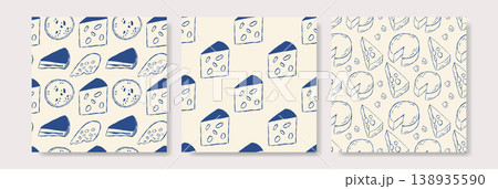 Cheese patterns set in blue ink on off-white background Cheese patterns set in blue ink on off-white background 138935590
