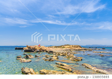 Islote de la Cantera island with beach and stones in azure water of Mediterranean Sea 138935693
