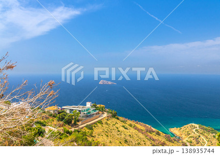 Aerial panoramic view of Mediterranean Sea with Isla de Benidorm Island rock Aerial panoramic view of Mediterranean Sea with Isla de Benidorm Island rock 138935744