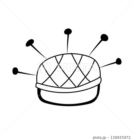 Black and white pincushion with pins. Doodle sewing tool. 138935972